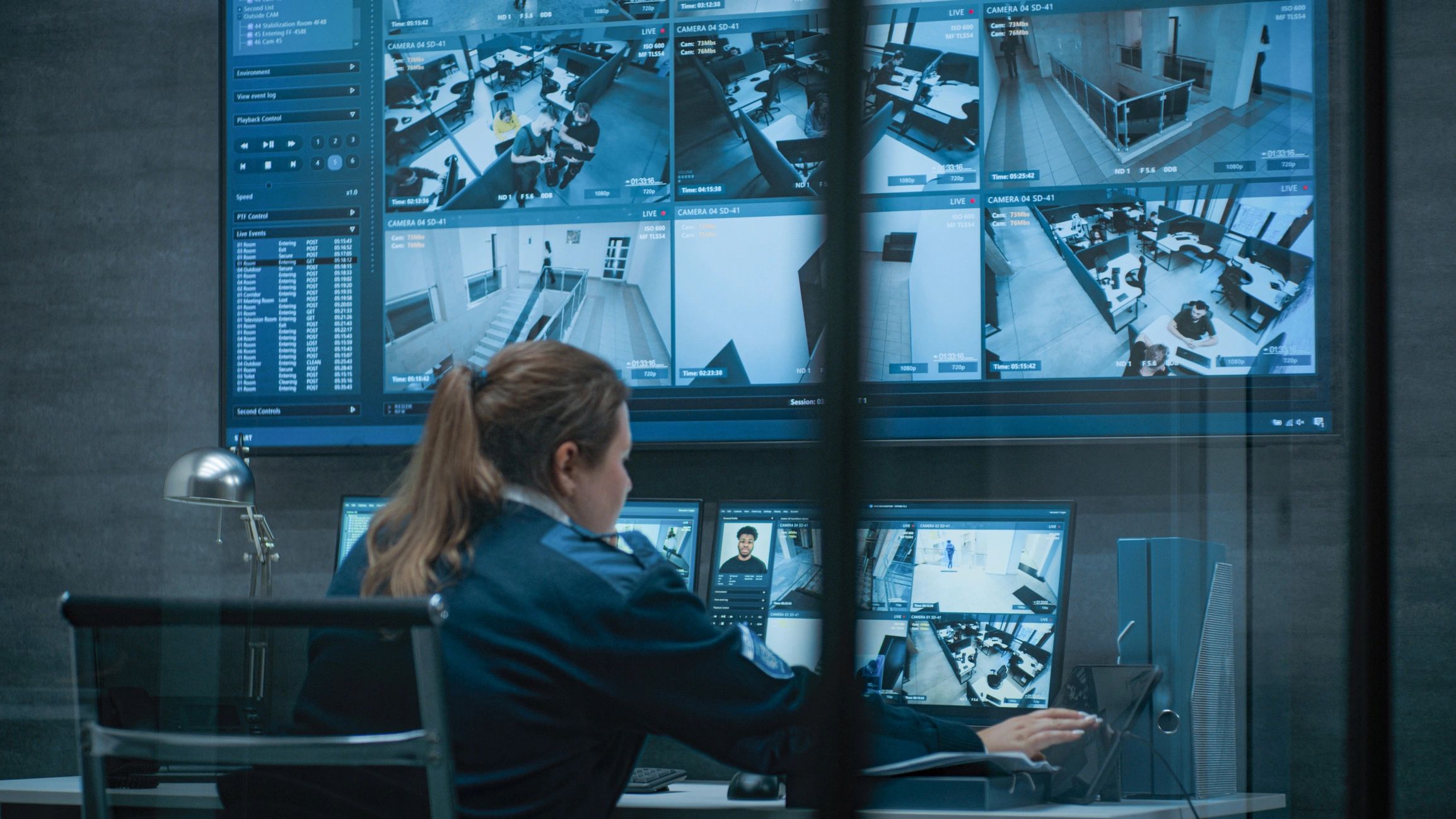 Security analyst monitoring multiple screens in an operations center