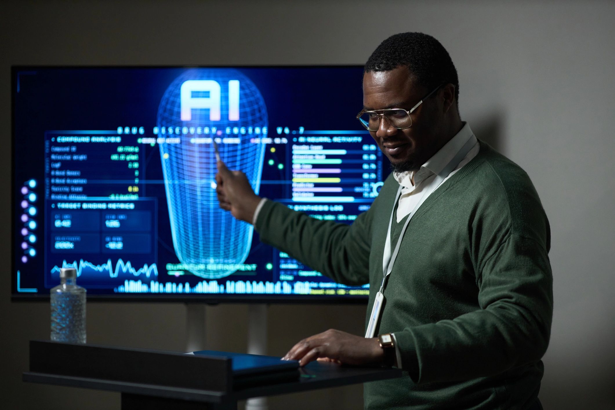 Presenter explaining AI analytics strategy in a business setting