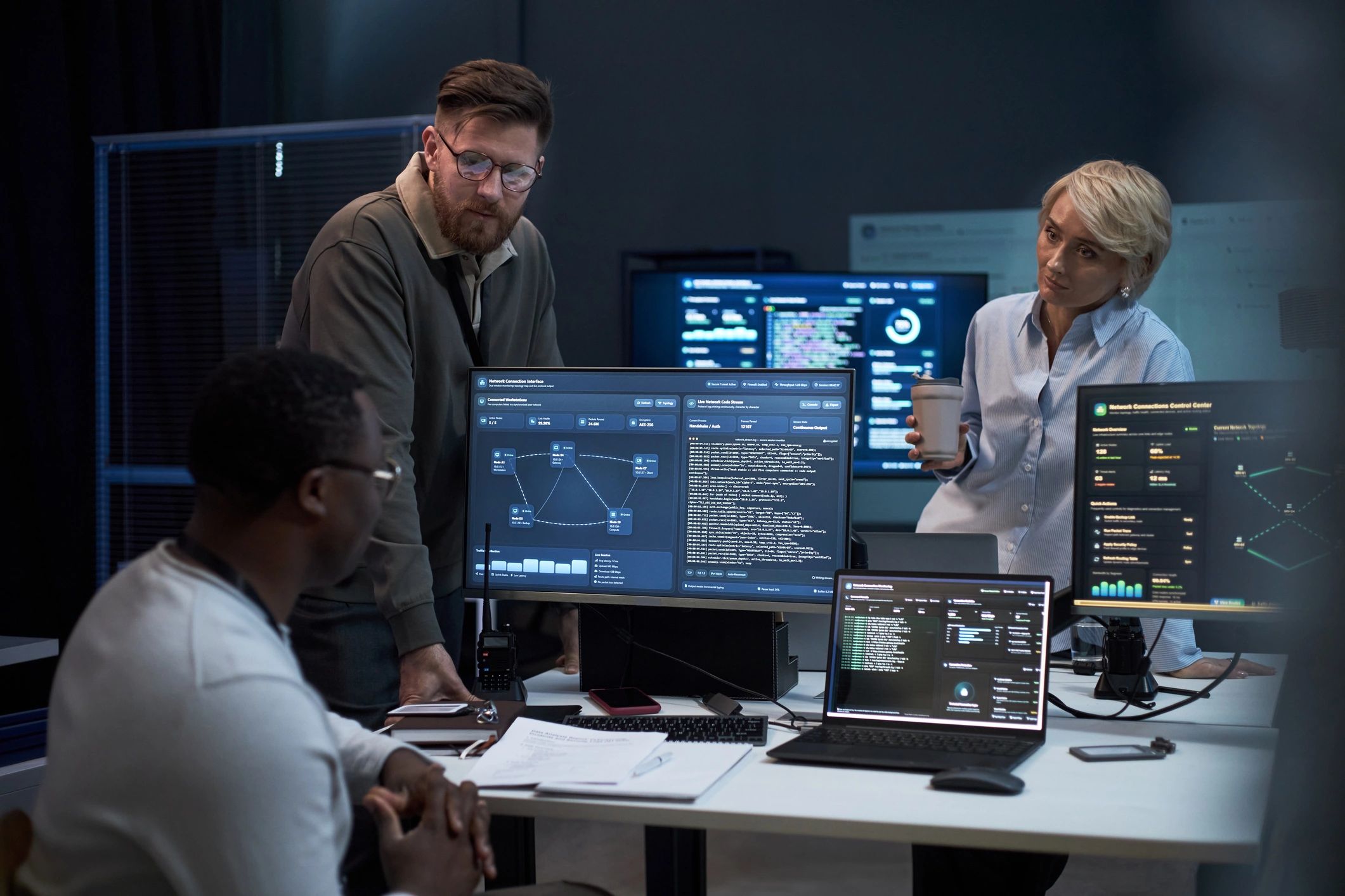 Cybersecurity team analyzing threat data