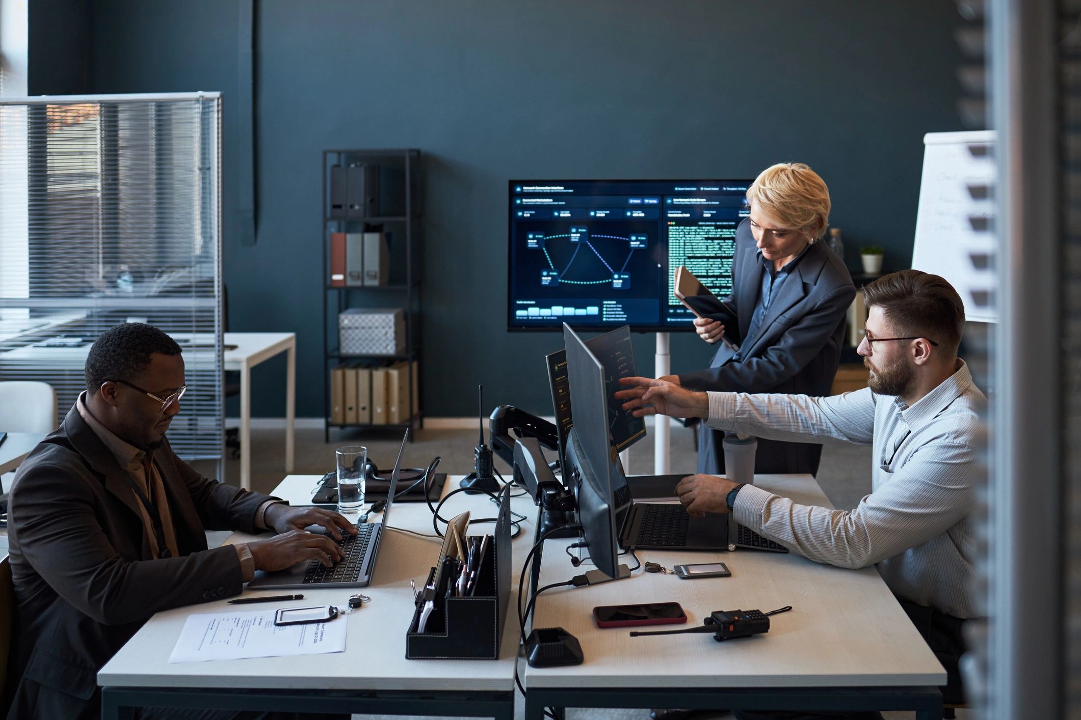 Business team reviewing security dashboards and workflows
